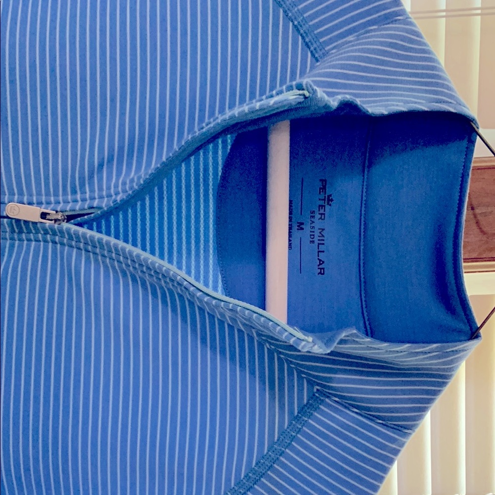 Peter Millar Azure Striped 1/4 zip shirt.